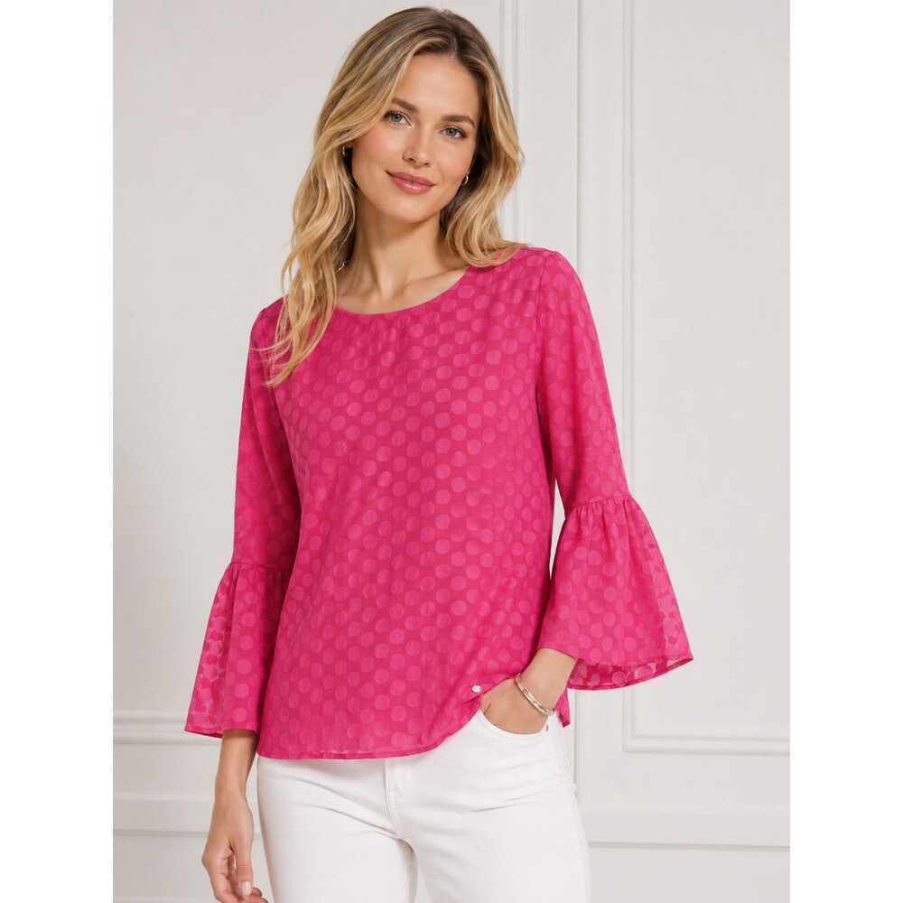 Tommy Hilfiger Women's Petite Small Pink Sheer Polka Dot Bell Sleeve Blouse